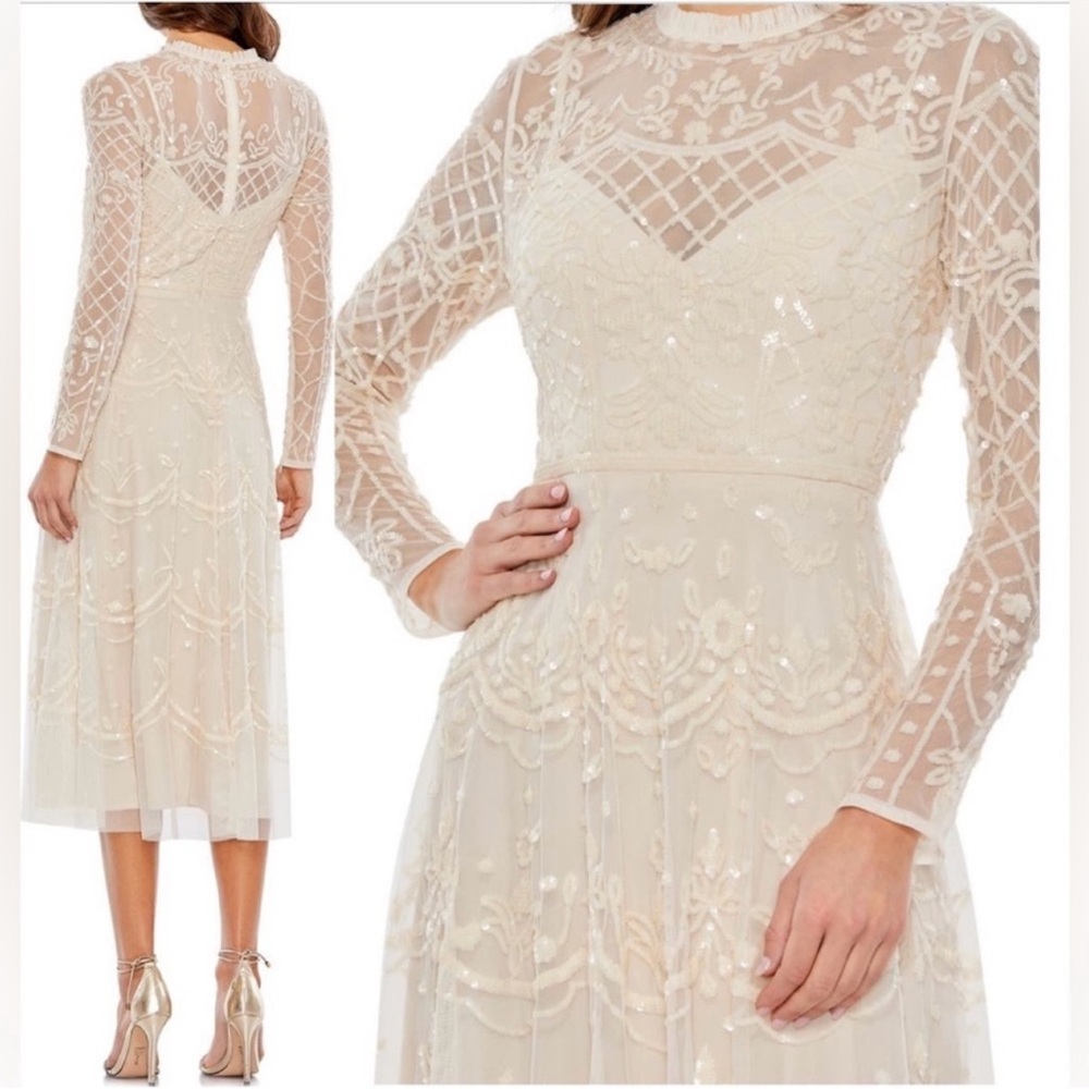 MAC DUGGAL nude sequin three quarter sleeve midi dress - Picture 2 of 11